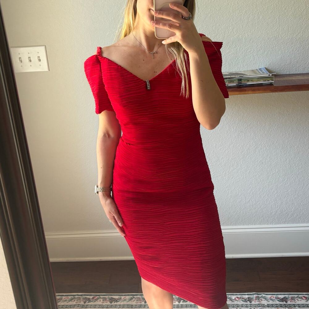 Vintage Bari Jay 80s 90s‎ Red Crinkle Pleated Off Shoulder Prom Midi Dress 5/6